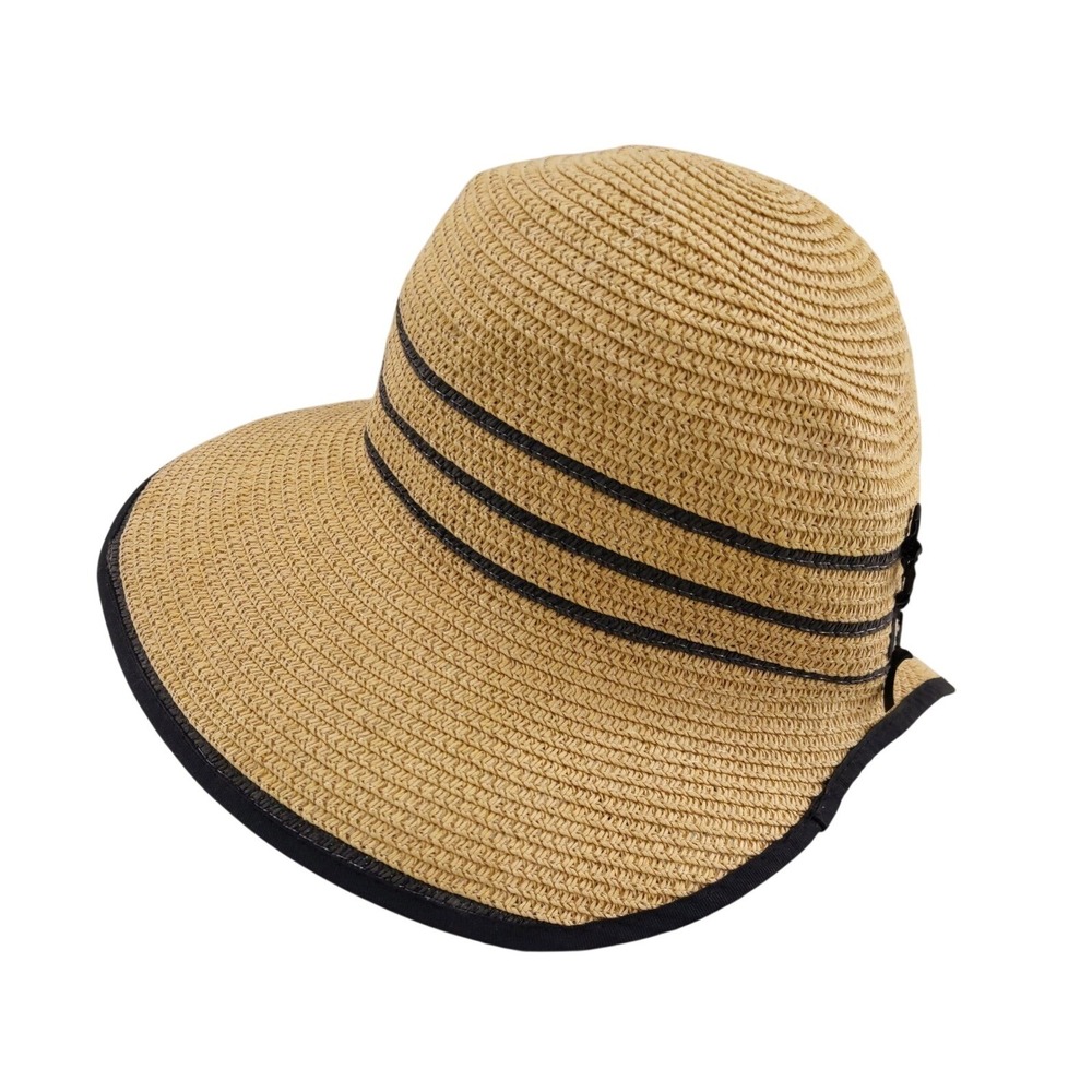 Magid Hats Straw Sun Hat Tan‎ Black Triple Bow Trim Wide Brim Paper Braid